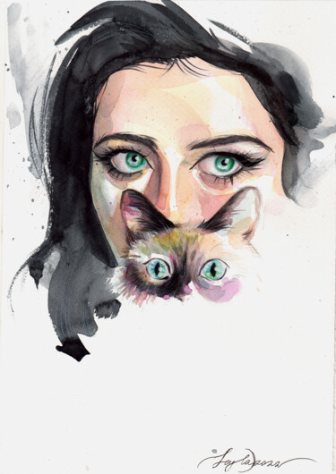 Painting titled ""Woman and cat"" by Leyla Zhunus, Original Artwork, Watercolor
