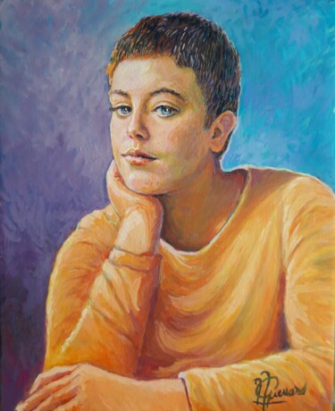Painting titled "Lina, deep thoughts" by Jm Guenard, Original Artwork, Oil Mounted on artwork_cat.