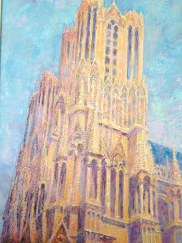 Painting titled "La Cathédrale de Re…" by Jm Guenard, Original Artwork, Oil Mounted on Wood Stretcher frame