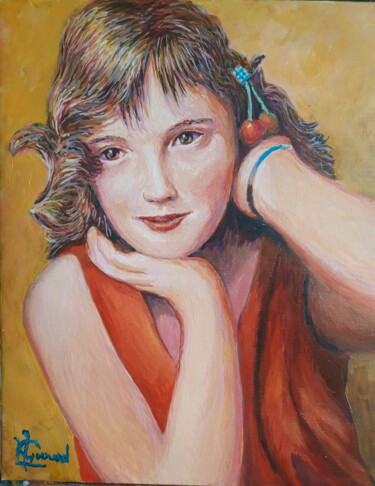 Painting titled "Camille, cerises ro…" by Jm Guenard, Original Artwork, Oil Mounted on Other rigid panel