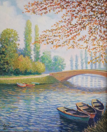 Painting titled "Le canal à Mesgrign…" by Jm Guenard, Original Artwork, Oil