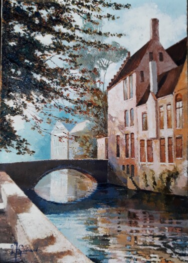 Peinture intitulée "Brugges, quai vert" par Jm Guenard, Œuvre d'art originale, Huile