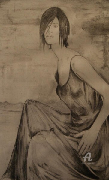 Drawing titled "femme a la robe noi…" by Jean-Michel Mahaux, Original Artwork, Charcoal
