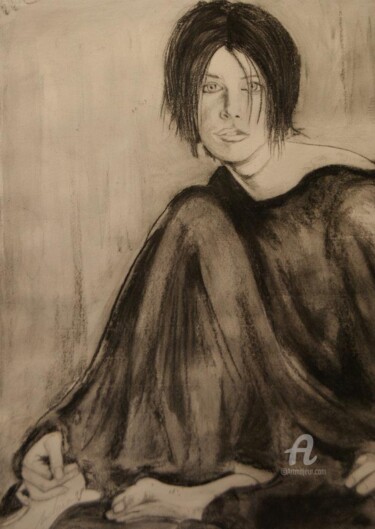 Drawing titled "fille à la robe noi…" by Jean-Michel Mahaux, Original Artwork, Charcoal