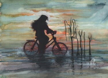 Painting titled "fille a velo" by Jean-Michel Mahaux, Original Artwork, Watercolor