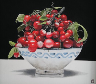 Pintura titulada "Cuenco de cerezas" por Jm Sa, Obra de arte original, Pastel Montado en Otro panel rígido