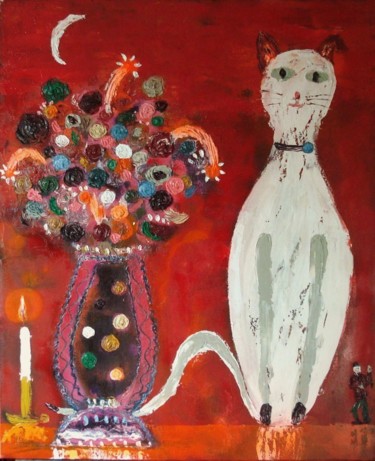 Peinture intitulée "Chat aux fleurs" par Jean-Marc Zabouri, Œuvre d'art originale