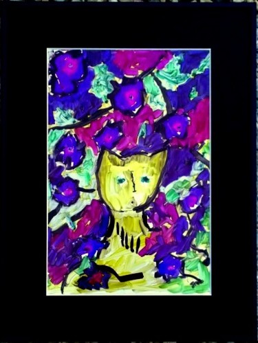 Peinture intitulée "Chat dans les fleurs" par Jean-Marc Zabouri, Œuvre d'art originale