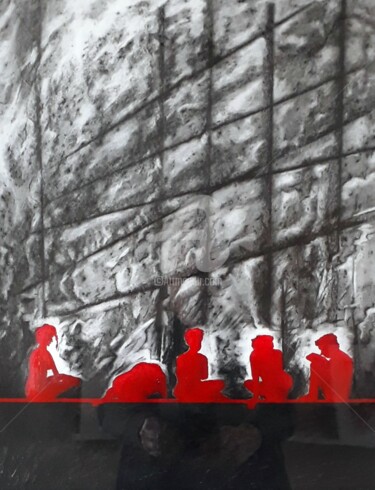 Dibujo titulada "Le fil rouge" por Jean-Michel Desterke, Obra de arte original, Carbón Montado en Otro panel rígido