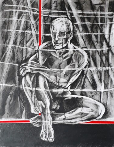 Drawing titled "Le repos" by Jean-Michel Desterke, Original Artwork, Charcoal Mounted on Other rigid panel