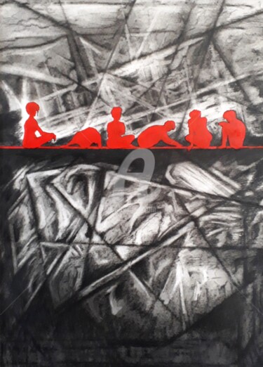 Σχέδιο με τίτλο "Le fil rouge - les…" από Jean-Michel Desterke, Αυθεντικά έργα τέχνης, Κάρβουνο