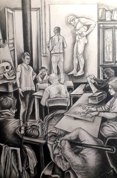 Drawing titled "l'atelier dessin" by Jean-Michel Desterke, Original Artwork, Charcoal