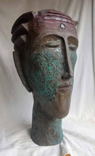 Scultura intitolato "tete-noire-bleu-rel…" da Jean-Michel Glasman, Opera d'arte originale, Ceramica