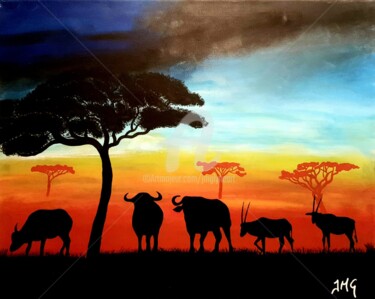 Malerei mit dem Titel "Fin du jour Africain" von Jmglyneart, Original-Kunstwerk, Acryl Auf Keilrahmen aus Holz montiert