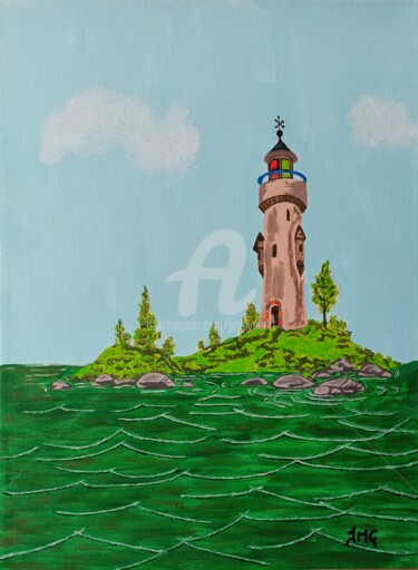 Painting titled "Le phare du bout du…" by Jmglyneart, Original Artwork, Acrylic Mounted on Wood Stretcher frame