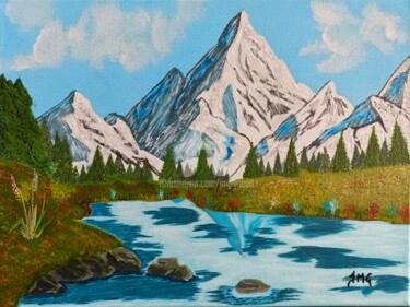 Schilderij getiteld "Le lac des sommets" door Jmglyneart, Origineel Kunstwerk, Acryl Gemonteerd op Frame voor houten brancard