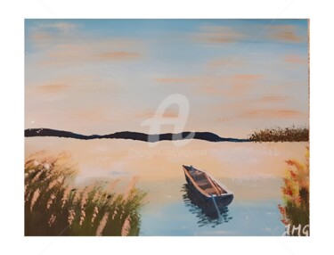 Painting titled "La barque du lac" by Jmglyneart, Original Artwork, Acrylic Mounted on Cardboard