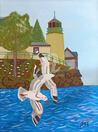 Painting titled "Le phare de la peti…" by Jmglyneart, Original Artwork, Acrylic Mounted on Wood Stretcher frame