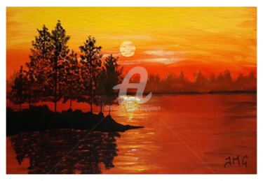 Painting titled "Le lac du crépuscule" by Jmglyneart, Original Artwork, Acrylic Mounted on Other rigid panel