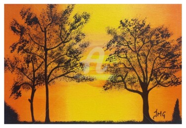 Painting titled "Arbres et coucher d…" by Jmglyneart, Original Artwork, Acrylic Mounted on Other rigid panel