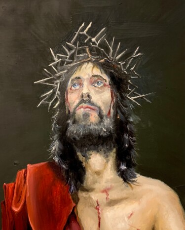 Schilderij getiteld "Jesus" door Jean-Michel Lourenço, Origineel Kunstwerk, Olie Gemonteerd op Frame voor houten brancard