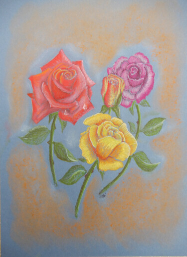 Tekening getiteld "Roses" door Jean-Michel Vedrenne, Origineel Kunstwerk, Pastel