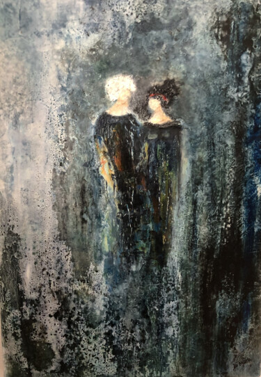 Painting titled "La rencontre" by Jo Marti, Original Artwork, Oil Mounted on Wood Stretcher frame