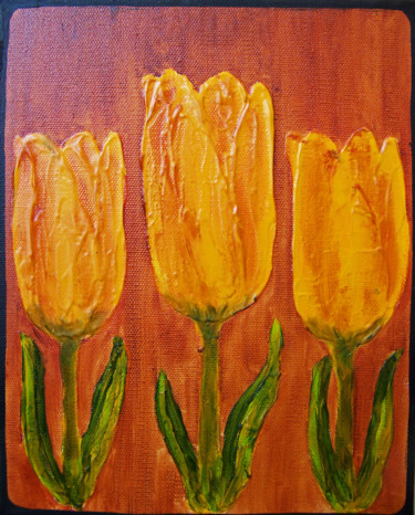 Painting titled "Three Tulips for Vi…" by Jo Moore, Original Artwork, Oil