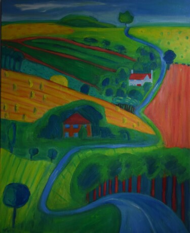 Peinture intitulée ""Landscape- Uphill…" par Jo Tuck, Œuvre d'art originale, Huile