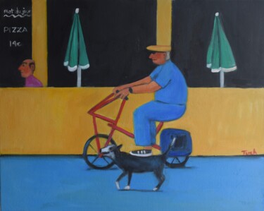 Malerei mit dem Titel ""Paris-Man On Bike…" von Jo Tuck, Original-Kunstwerk, Öl Auf Karton montiert
