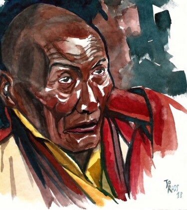 Pintura intitulada "Tibetan Monk" por Joachim Rossignol, Obras de arte originais, Aquarela