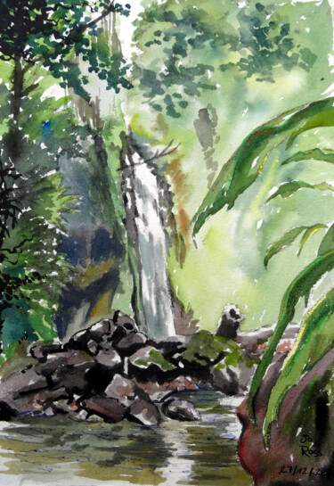 Painting titled "Didier Waterfall" by Joachim Rossignol, Original Artwork, Watercolor