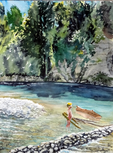 Painting titled "A child in the river" by Joachim Rossignol, Original Artwork, Watercolor