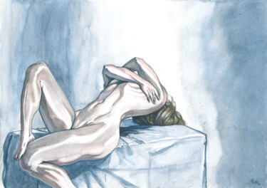 Rysunek zatytułowany „Back Bend in Blue” autorstwa Joachim Rossignol, Oryginalna praca, Akwarela