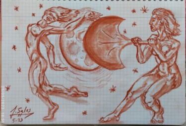 Disegno intitolato "les muses de la lun…" da Joaquín Sales, Opera d'arte originale, Matite colorate