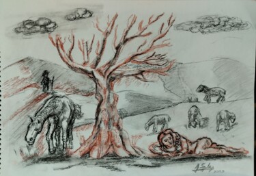 Tekening getiteld "l'arbre de la vie" door Joaquín Sales, Origineel Kunstwerk, Conté