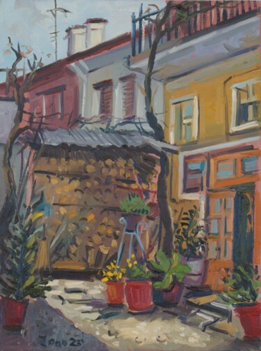 Painting titled "Grandma's yard" by Joan Mato, Original Artwork, Oil