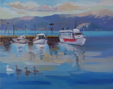 Painting titled "Lakeside harbor" by Joan Mato, Original Artwork, Oil