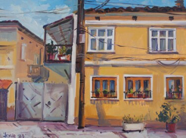 Schilderij getiteld "Street scene, oil o…" door Joan Mato, Origineel Kunstwerk, Olie