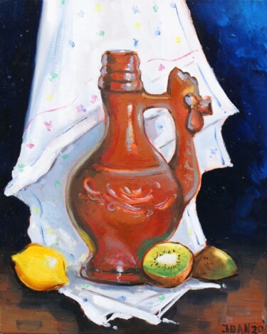 Painting titled "Still life with kiw…" by Joan Mato, Original Artwork, Oil