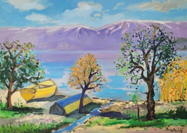 Pintura intitulada "Landscape with boats" por Joan Mato, Obras de arte originais, Óleo