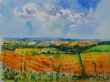 Malerei mit dem Titel "Watercoloring fields" von Joan Mato, Original-Kunstwerk, Aquarell