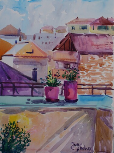 Painting titled "Balcony" by Joan Mato, Original Artwork, Watercolor