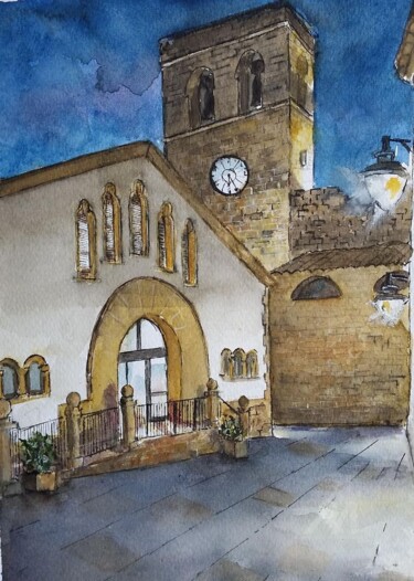 Painting titled "Plaza del mercado J…" by Joana Bisquert Mari, Original Artwork, Watercolor Mounted on Other rigid panel