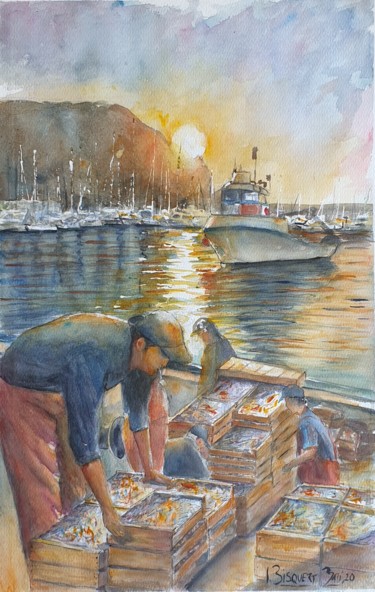 Malerei mit dem Titel "La pesca" von Joana Bisquert Mari, Original-Kunstwerk, Aquarell