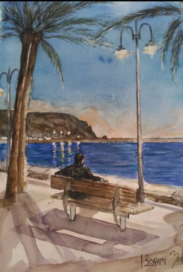Painting titled "El mar y la noche" by Joana Bisquert Mari, Original Artwork, Watercolor Mounted on Other rigid panel