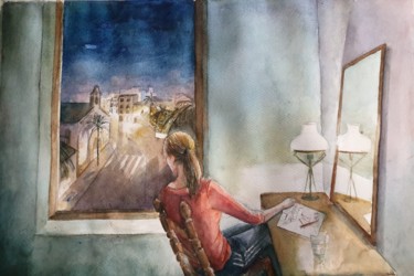 Pintura titulada "A traves de la vent…" por Joana Bisquert Mari, Obra de arte original, Acuarela