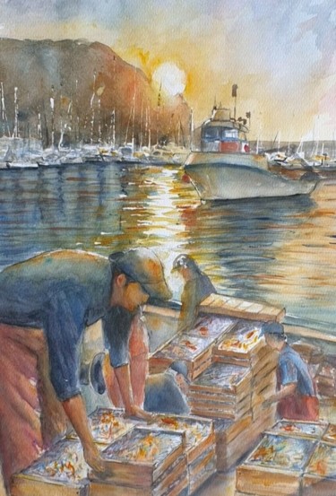 Painting titled "Pescadores" by Joana Bisquert Mari, Original Artwork, Watercolor Mounted on Other rigid panel