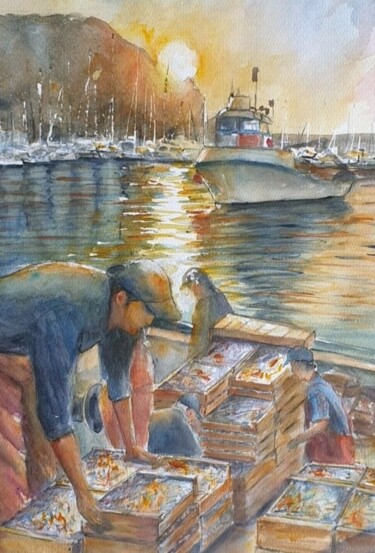 Painting titled "Pescadores" by Joana Bisquert Mari, Original Artwork, Watercolor Mounted on Other rigid panel