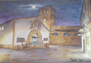 Painting titled "Mercado y campanario" by Joana Bisquert Mari, Original Artwork, Watercolor Mounted on Other rigid panel